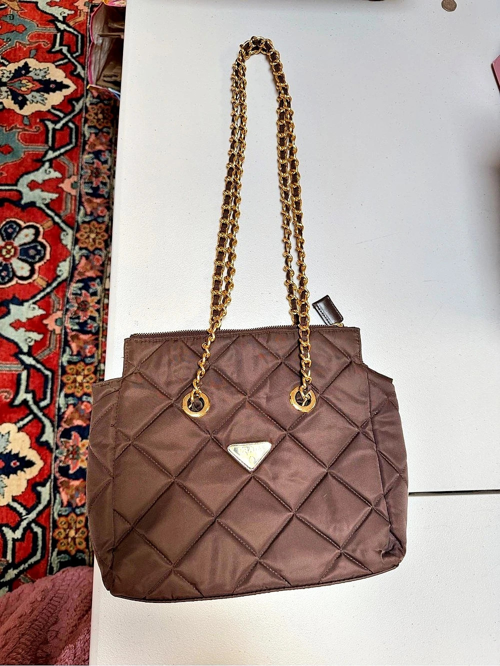 BrownTessuto Quilted Nylon Chain Shoulder Bag in Brown